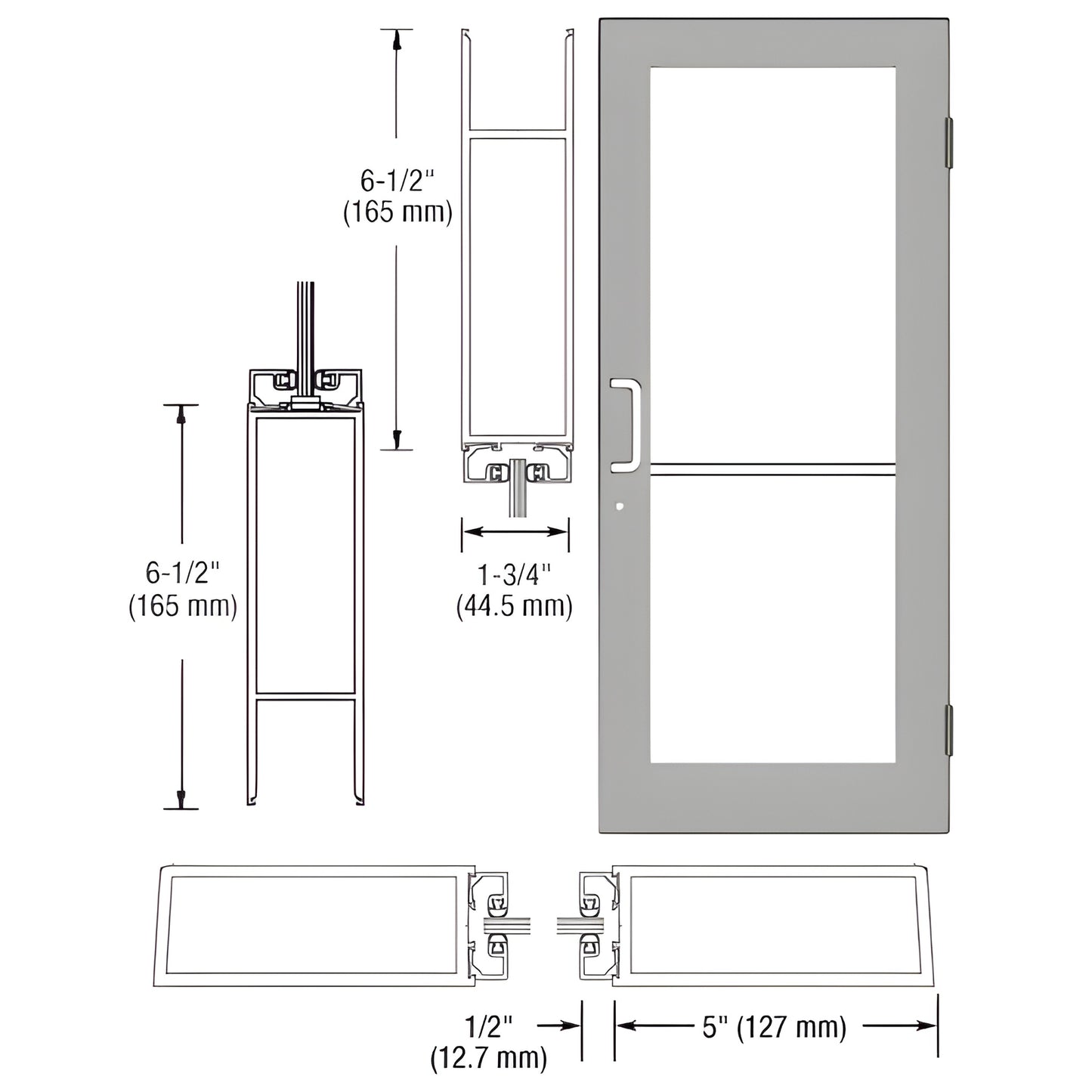 Commercial clear-anodized wide-stile entrance door (SKU DC51411), 5" stile, 6-1/2" bottom rail, ADA-ready.