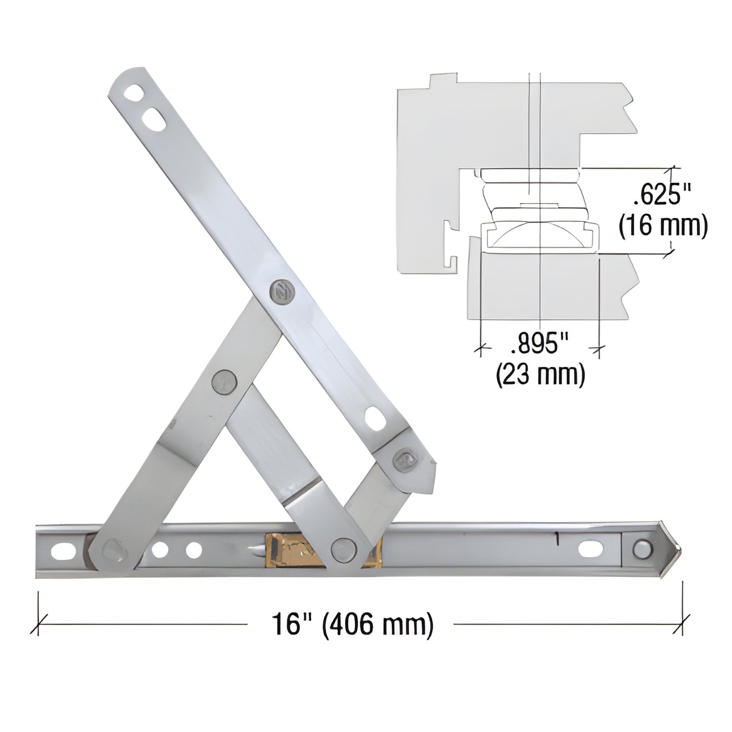 Stainless steel 4-bar project-out window hinge, 16" length, supports up to 88 lb sash, smooth outward pivot.