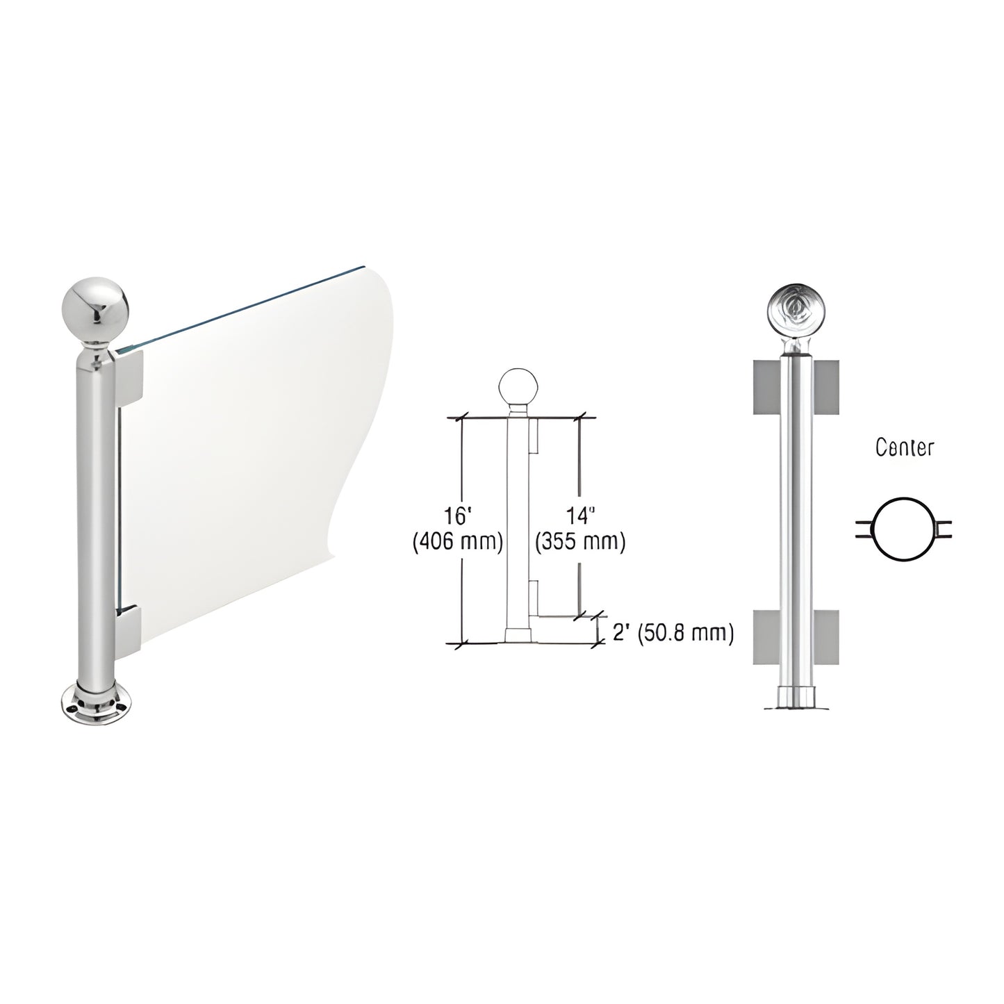 PP04CPS: Polished stainless steel 16 in round partition post with ball cap, flange base and glass clips, 1-1/2 in tube