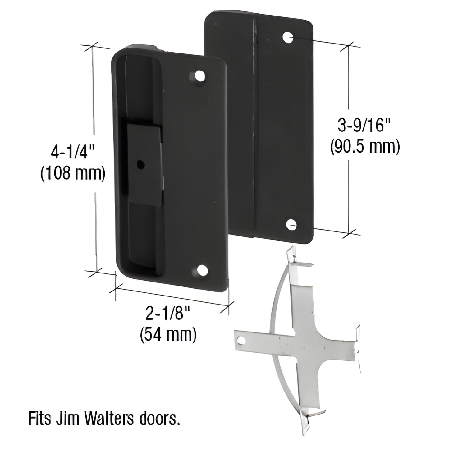 Black plastic recessed pull with steel latch assembly for Jim Walters sliding screen doors, mortise fit (SKU A151)
