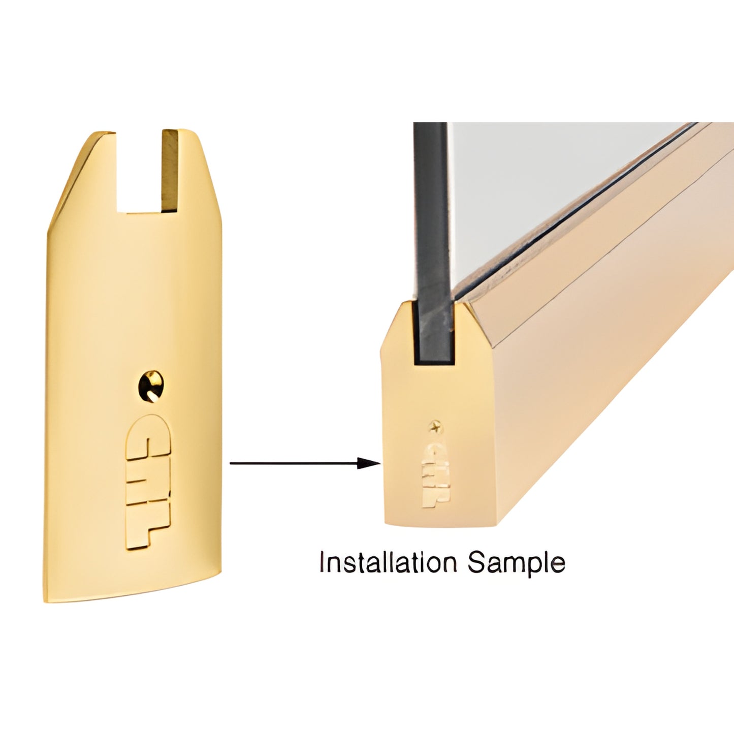 Polished brass 4" tapered end cap for Wedge-Lock sidelite rails, fits 3/4" glazing. SKU SREC4TPB34
