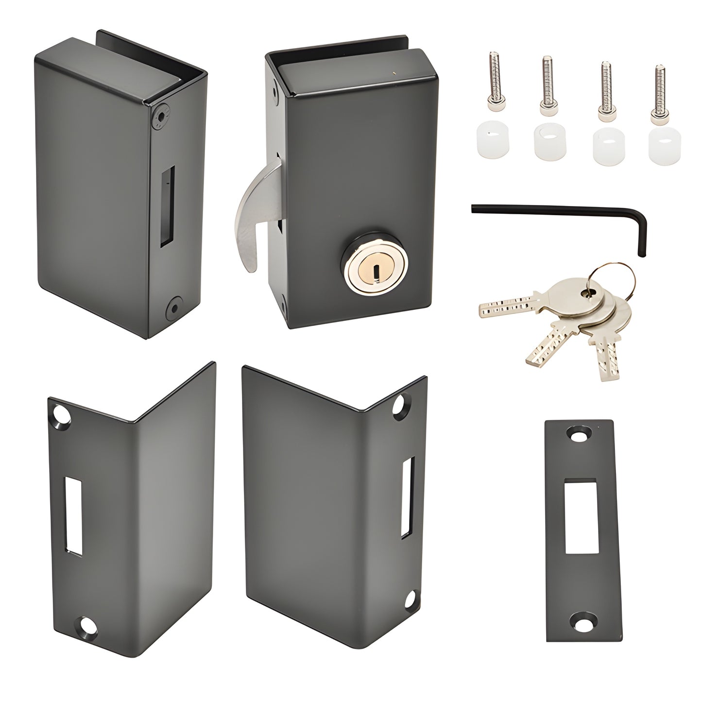 Matte black glue-mounted sliding glass door lock kit (SGDLMBR) with keys, keepers, strike plate and screws