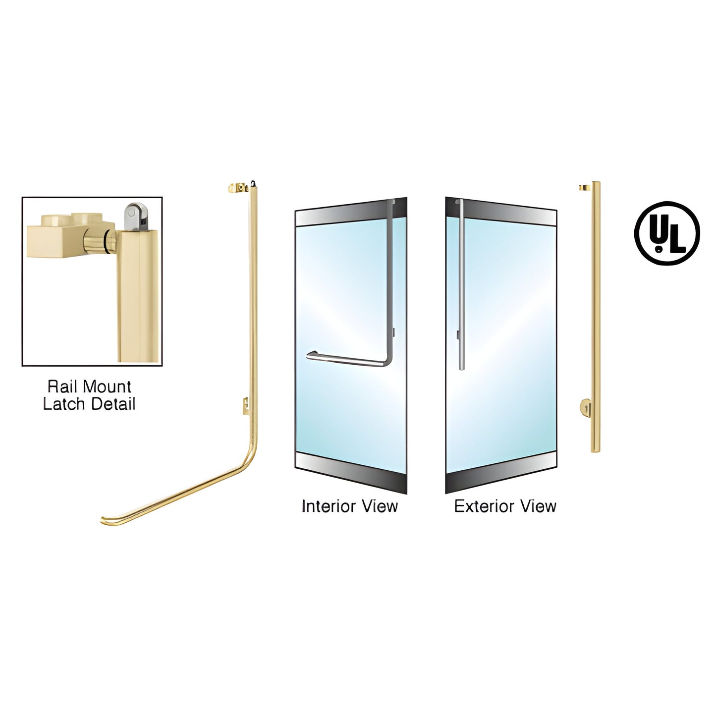 Satin brass PA100JS3RKSB rail-mount panic handle for 1/2-3/4 glass doors, 11 4 tube, exterior keyed, UL certified.