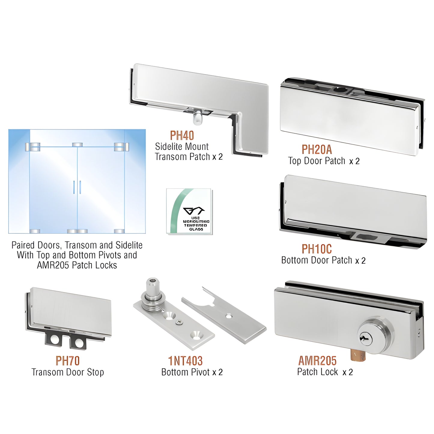 PHA8LBS stainless steel double-door glass hardware kit with pivots, patches, transom/sidelite mounts and patch locks.