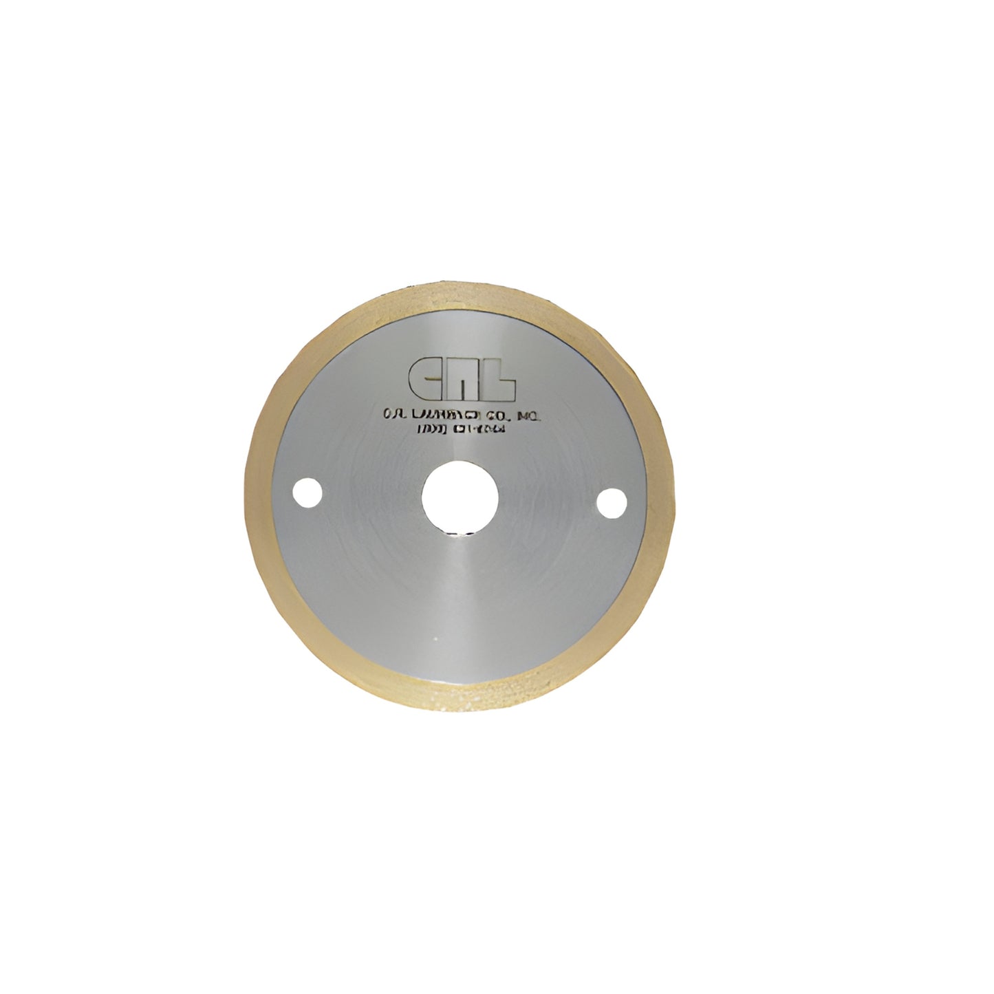 NS3B diamond-impregnated glass cutting blade - 3-3/8" gold rim, silver face with center and two side holes.