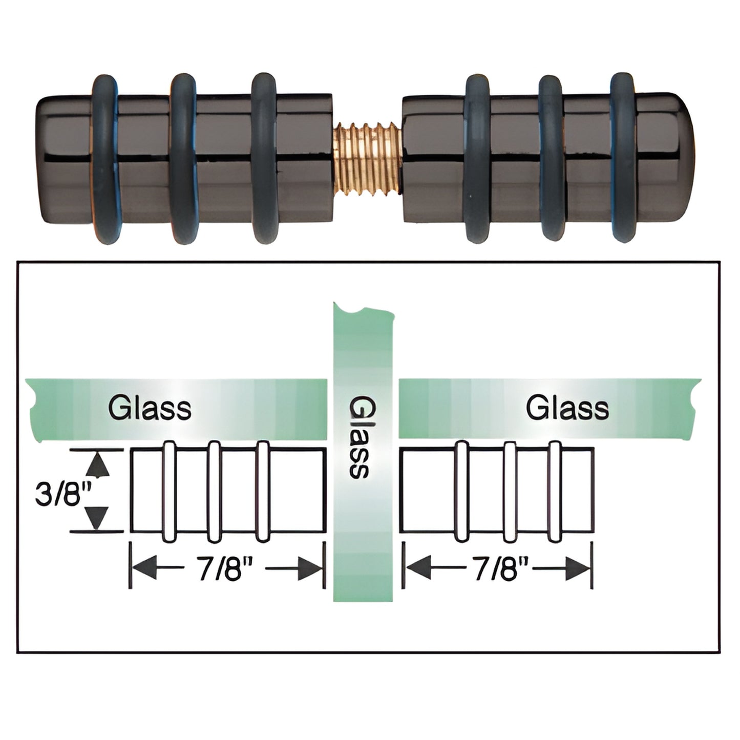 Black brass CRL double glass shelf support with rubber cushion rings, 7/8" arms for 3/16-1/4" (5-6mm) tempered glass - SKU 31