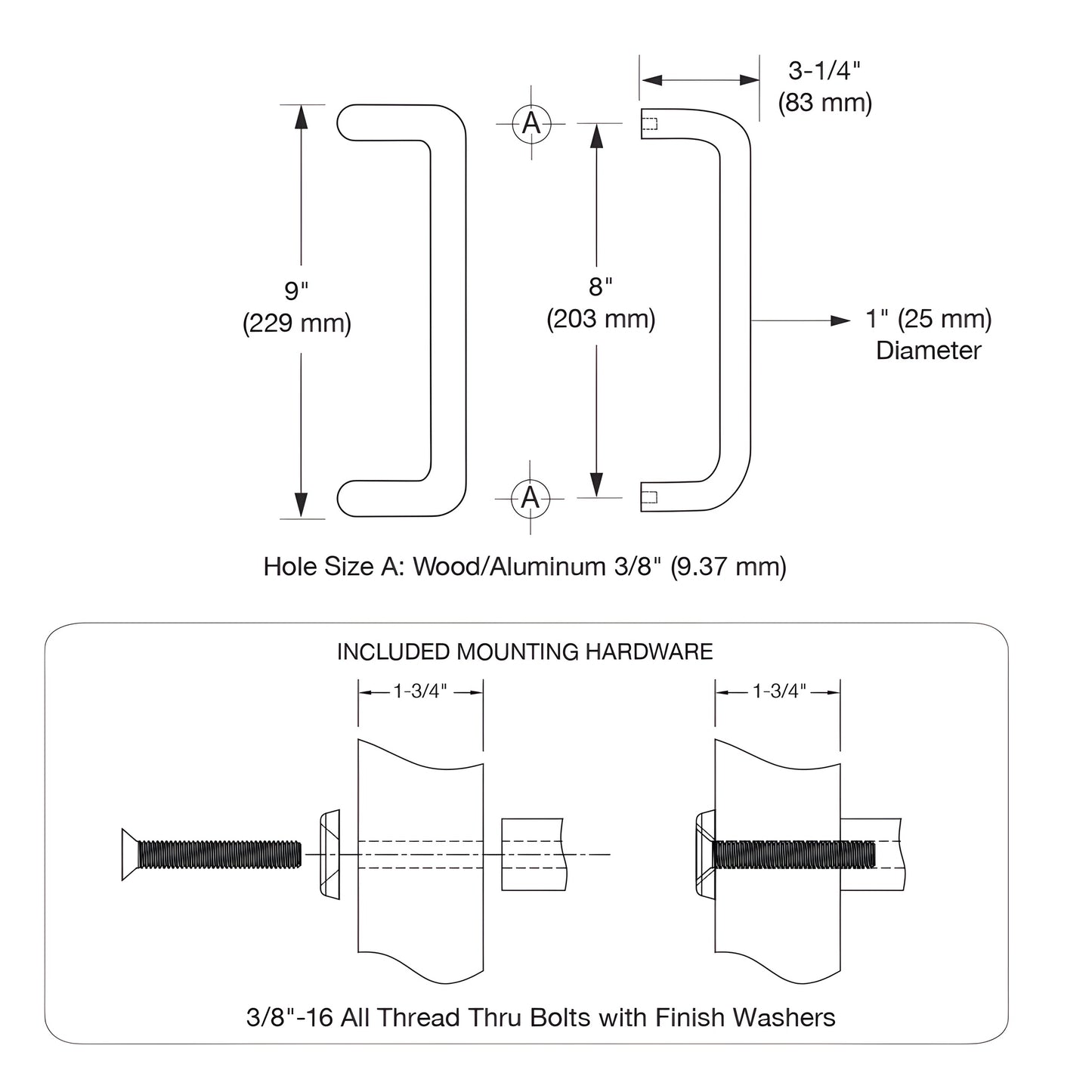 Oil-rubbed bronze 1 in solid aluminum offset pull handle with two thru-bolts (8 in center-to-center), SKU M174810B