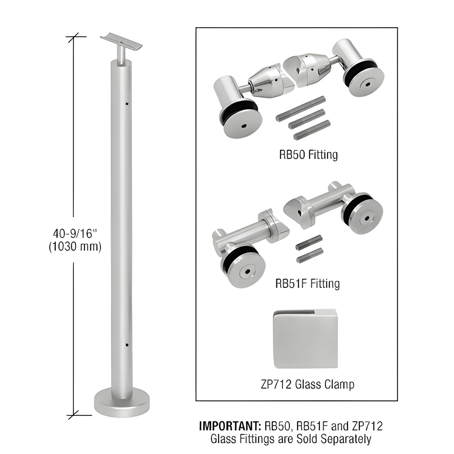 P7F42EBS stainless steel surface-mounted post (40-9/16 / 1030 mm), brushed finish, base plate and cover flange shown.