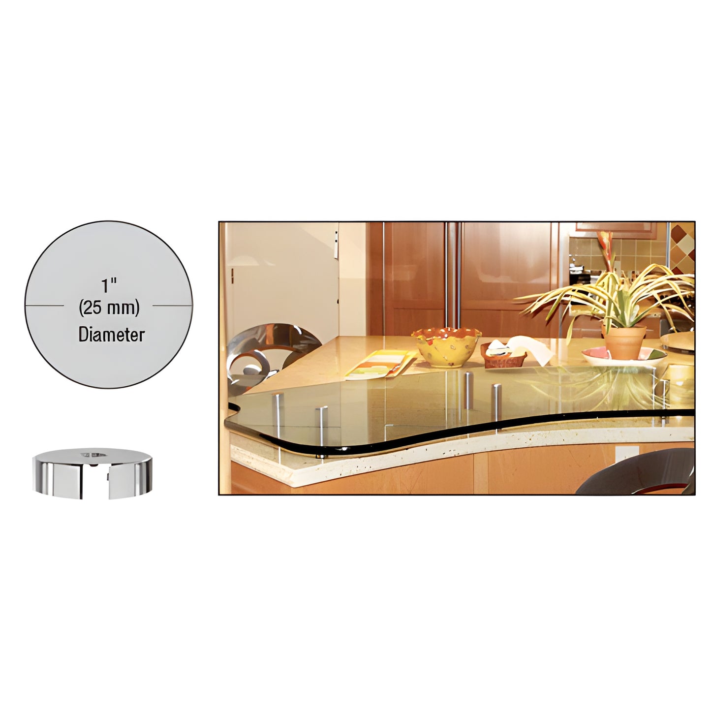 Polished 1" (25mm) 316 stainless steel round standoff for glass panels, shown in kitchen countertop display.