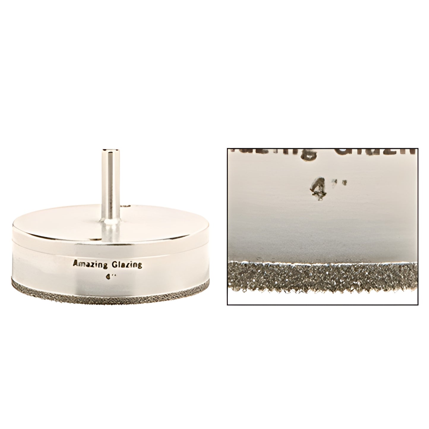 4-inch AG4 diamond-plated glass drill bit, reduced-round 3/8 shank with sawtooth rim close-up
