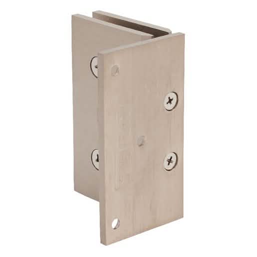 Close-up of CRL brushed nickel Vienna 044 wall mount hinge, offset back plate, 5-degree an
