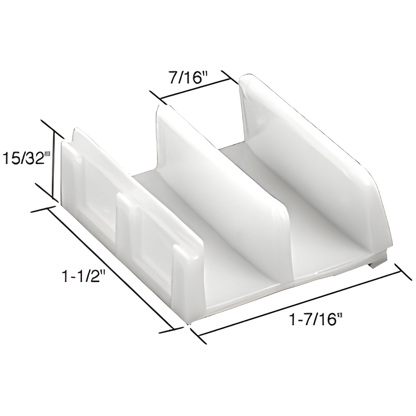 White nylon sliding door bottom guide SKU M6059 for 7/16" rails, low-friction tub/shower guide, 1-7/16" 1-1/2" 15/32"