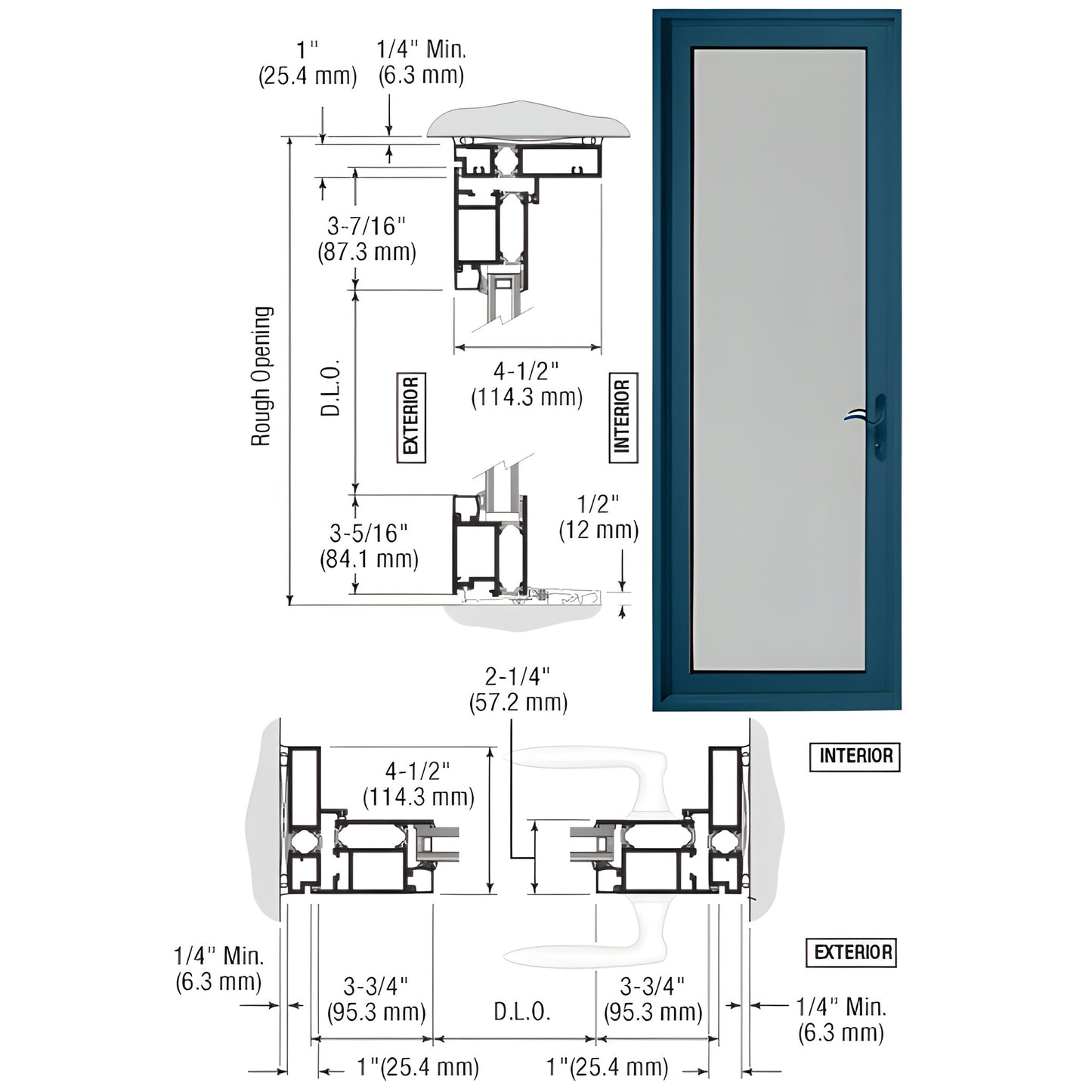 CRL Series 900 terrace outswing door (SKU 1D91571R0) teal Kynar frame with 1" insulated glass - front view and technical sche