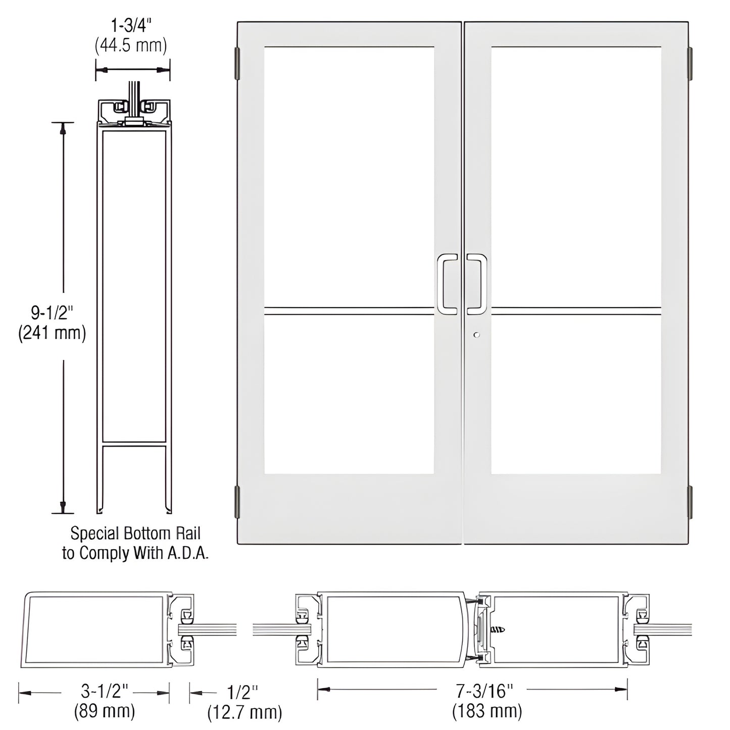 White Kynar commercial double glass entrance door with 9-1/2" ADA bottom rail and 3-1/2" stiles - SKU DE42552