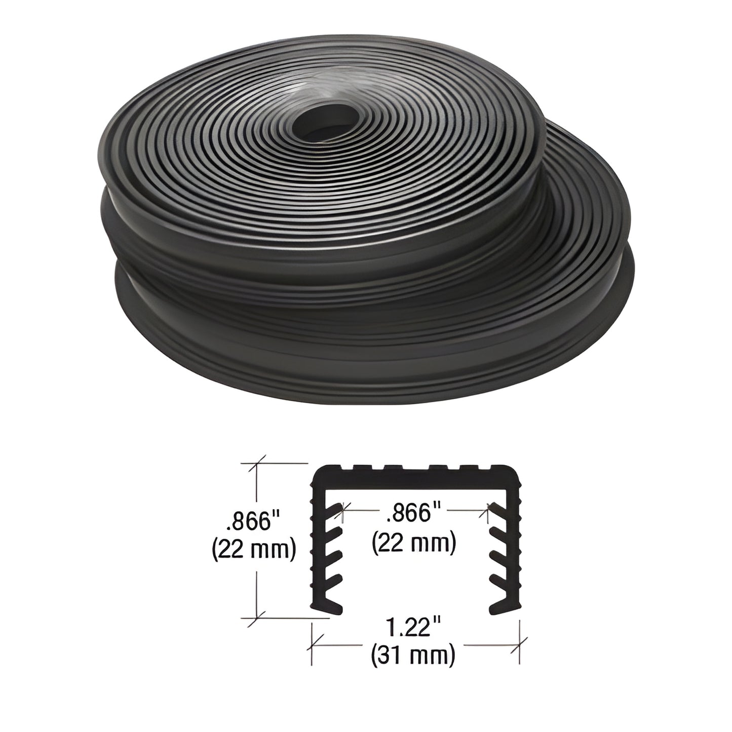 LR22PV black rubber cap-rail insert coil for laminated glass railings, cross-section shows 22mm x 31mm dimensions
