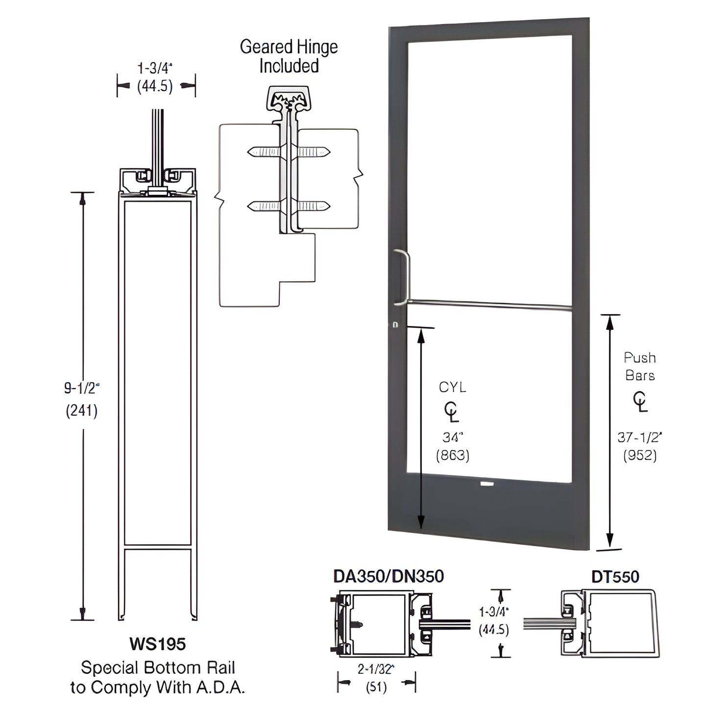 250 narrow-stile aluminum door 36x84, Black Bronze Anodized, 9-1/2" ADA bottom rail, 1" glazing prep, push bar included