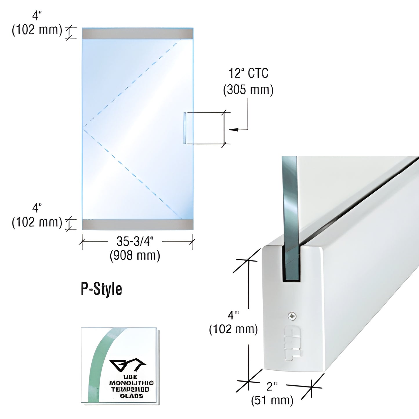 P4SA12S frameless P-style dry-glaze glass door kit, satin anodized aluminum rails for 1/2 in (12 mm) tempered glass, 35-3/4 i