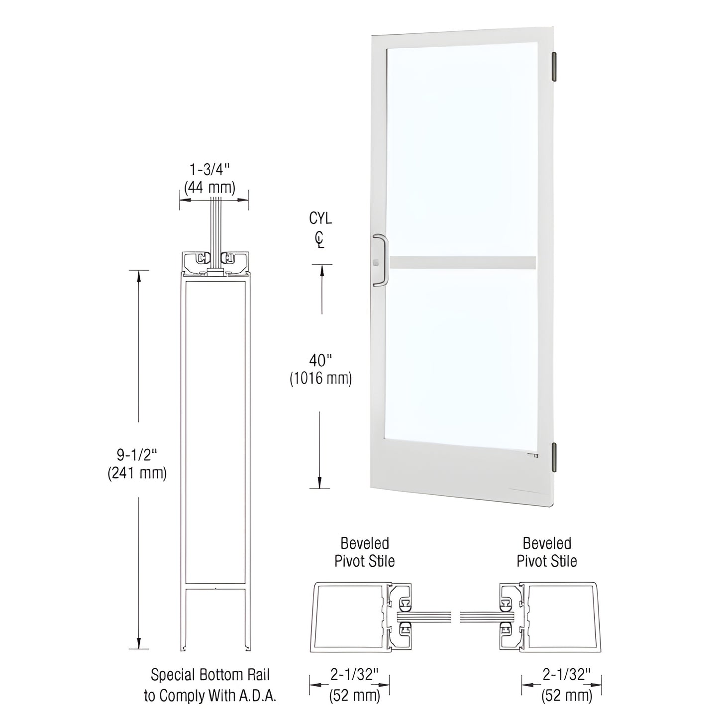 White Kynar narrow-stile commercial glass entrance door with ADA bottom rail, panic hardware prep - SKU CZ21552