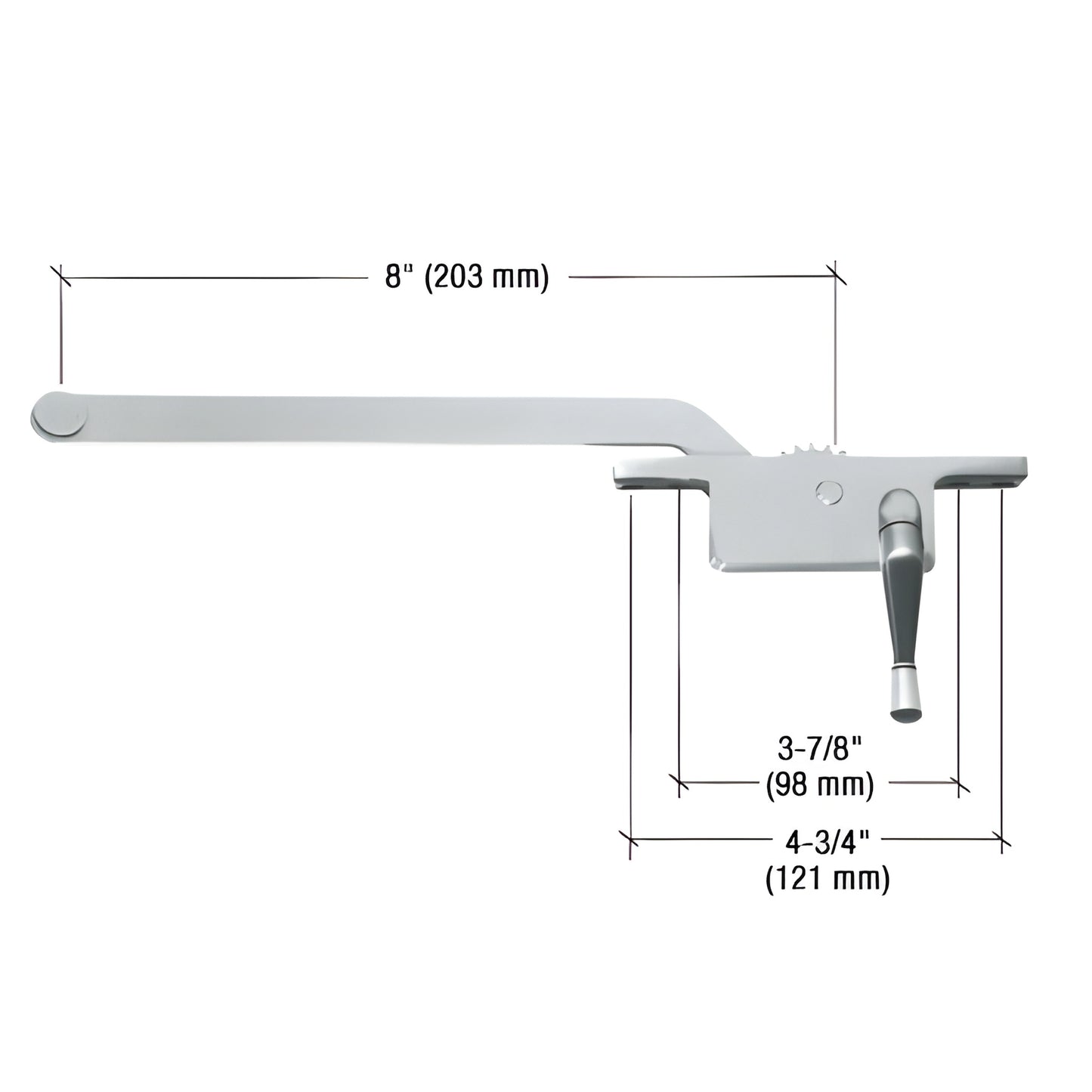 CRL casement window operator (SKU 5258RHAL), right-hand aluminum, 8" arm, 3/8" spline, 3-7/8" & 4-3/4" hole spacing