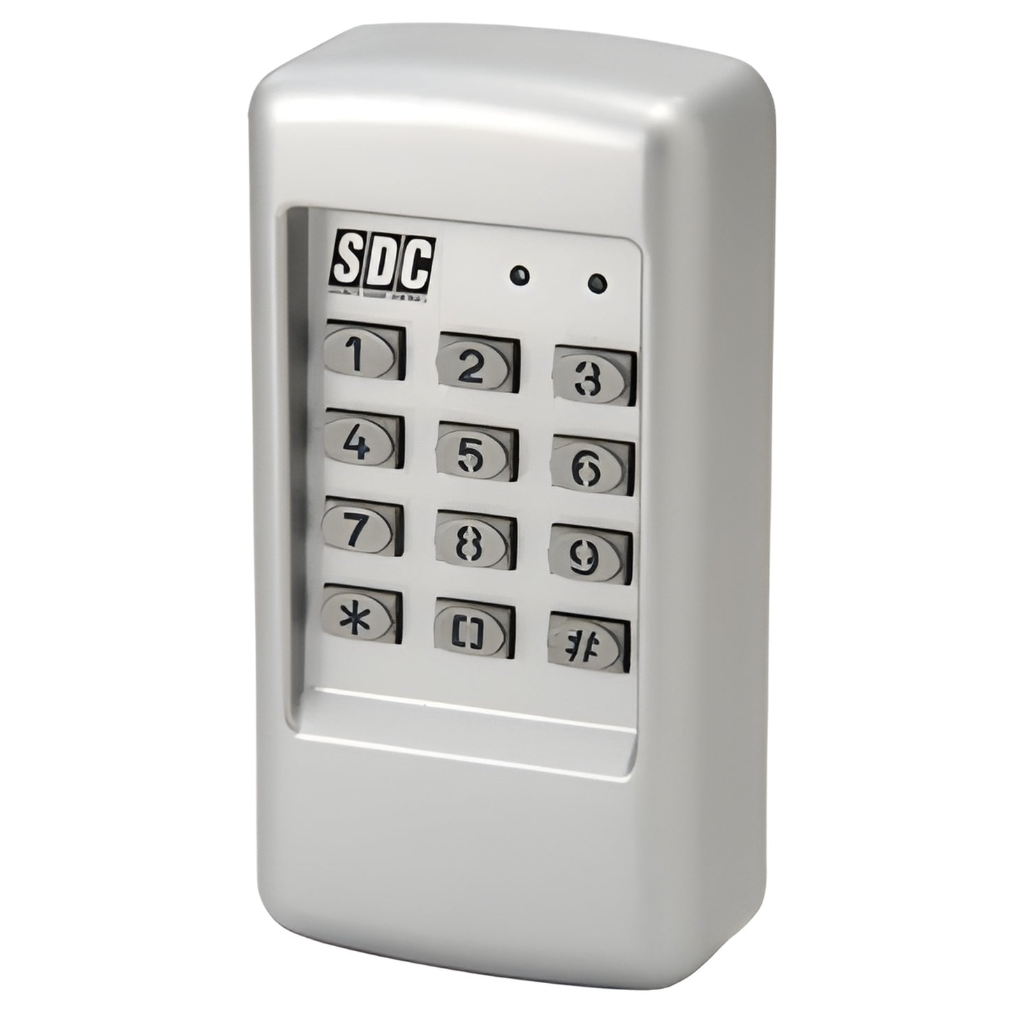 SDC920 heavy-duty brushed stainless steel programmable keypad with metal blue-backlit numeric keys.