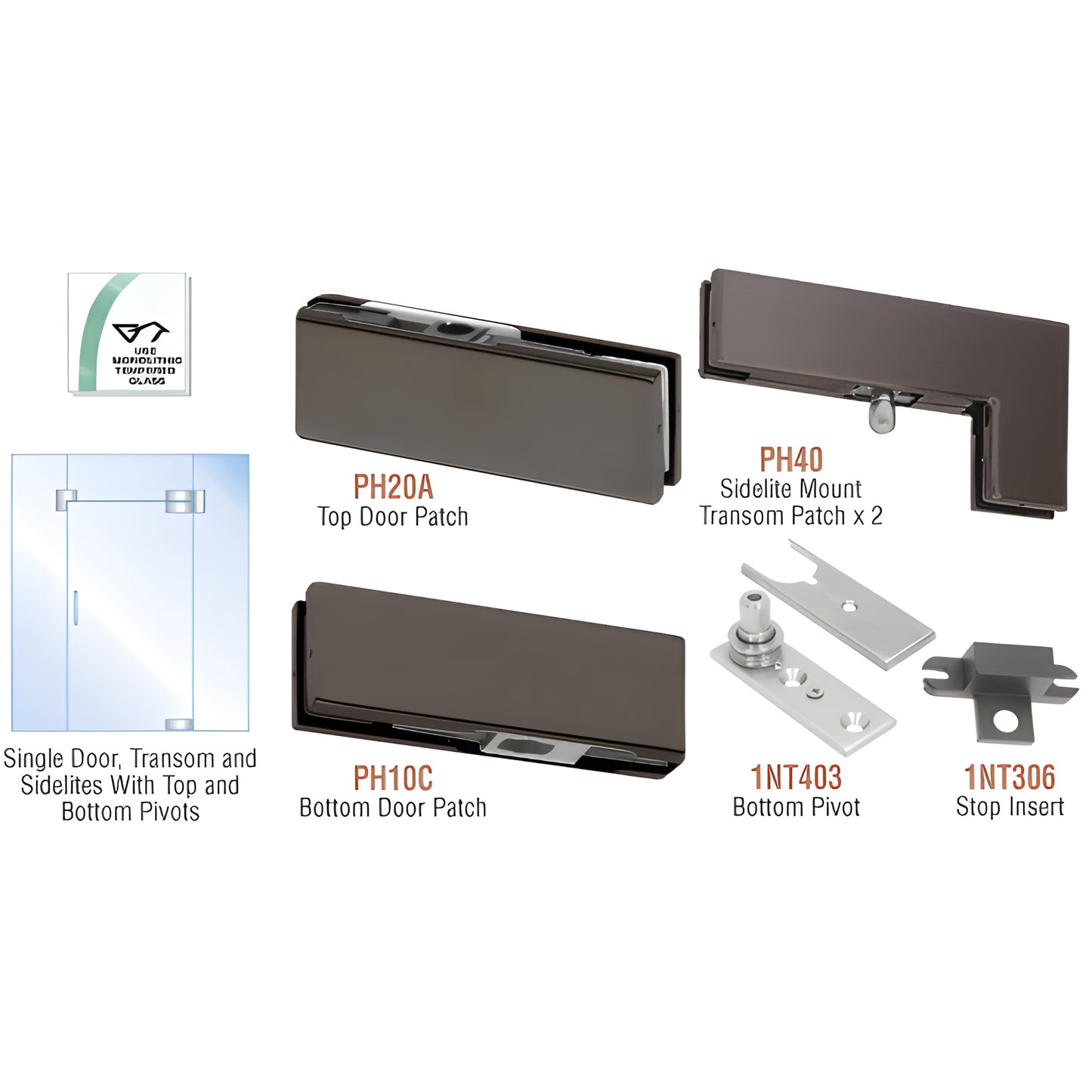 PHA5DU black bronze pivot hardware kit for all-glass pivot door with transom and sidelites; fits 3/8" or 1/2" glass