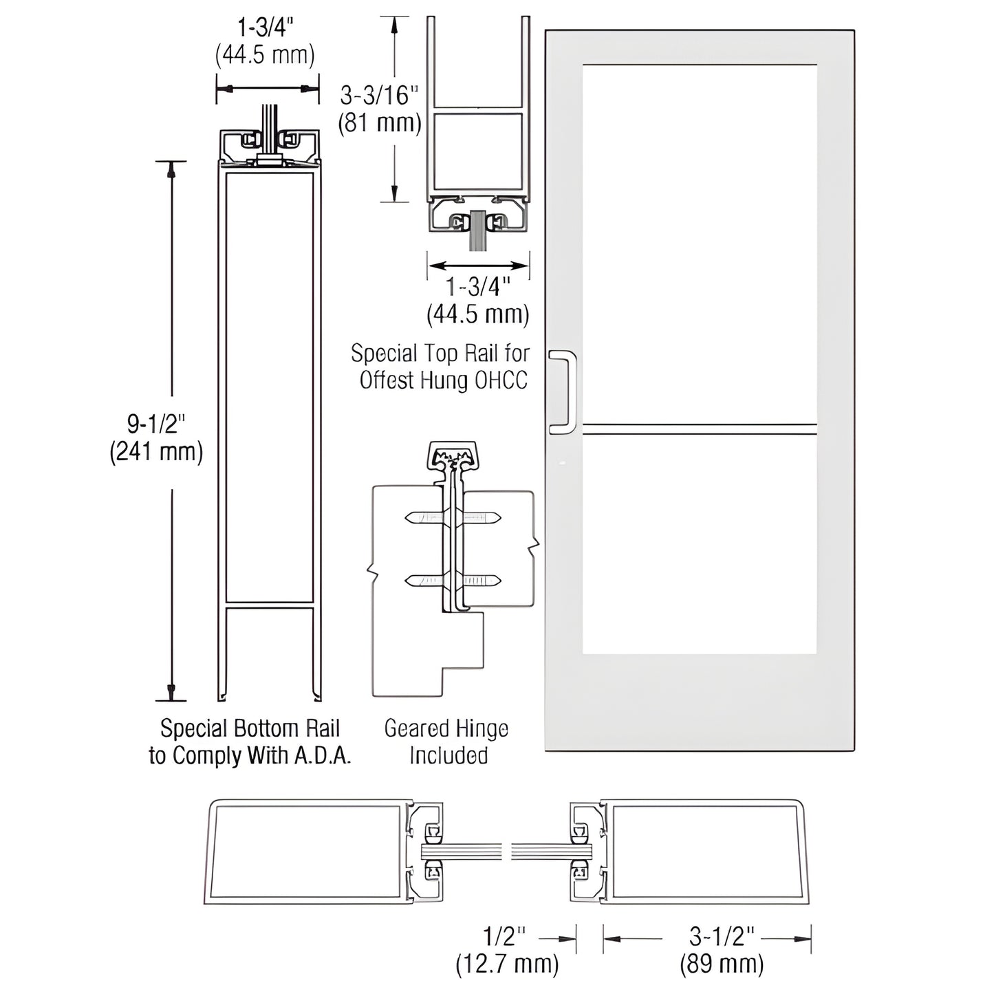 CRL CD41952 white Kynar medium-stile commercial entrance door with 3-1/2" stiles, 9-1/2" ADA bottom rail, glass panel.