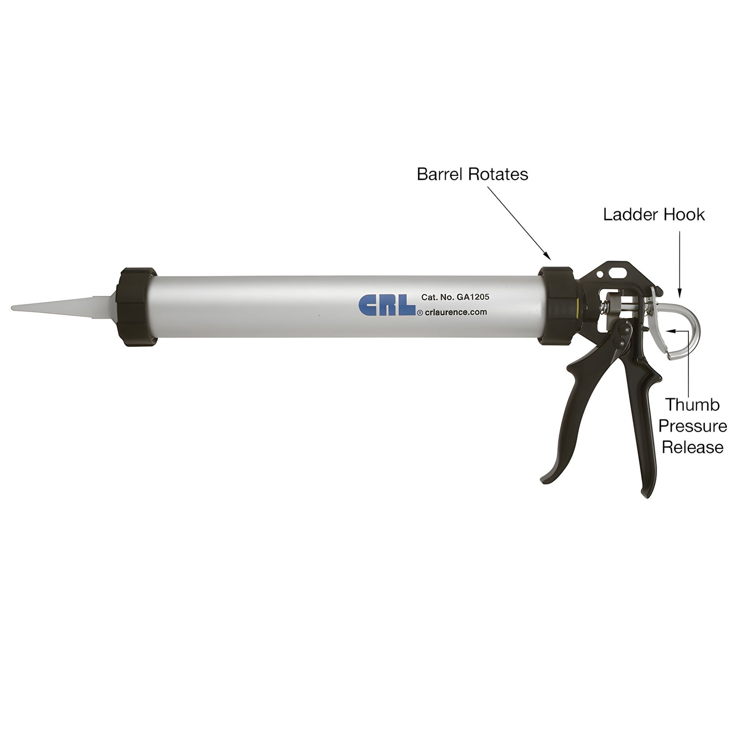 CRL 15 in. sausage & cartridge caulking gun GA1205, lightweight aluminum barrel with plastic cone nozzle