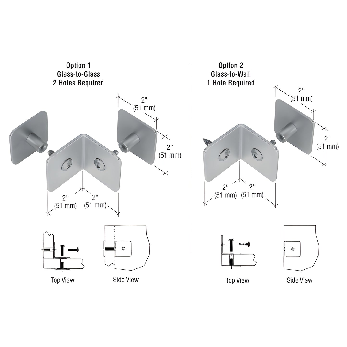 Brushed stainless 90 mid-mount clamp for 1-1/4" (32mm) security glazing, shown glass-to-glass and glass-to-wall with 2" (51m