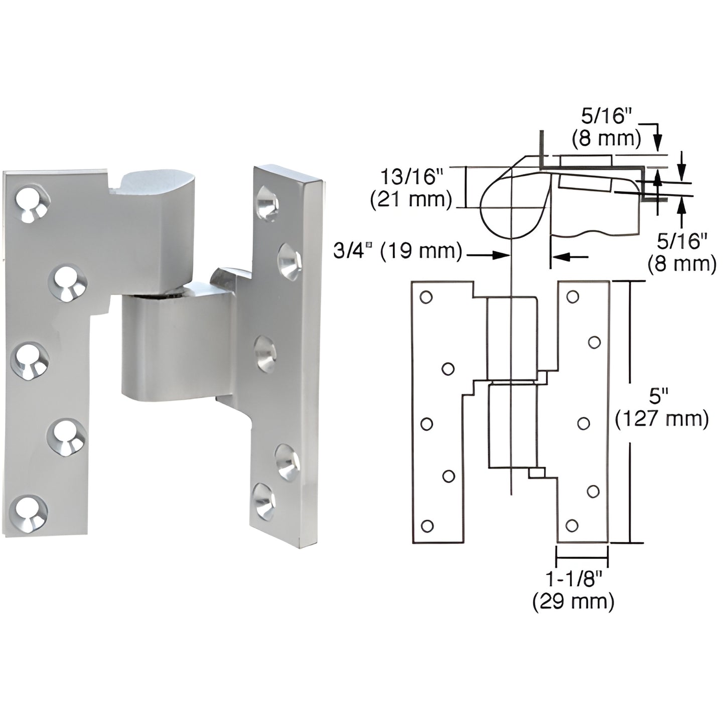 Rixson M19RHSC 3/4" offset intermediate pivot, satin chrome mortised aluminum, right-hand hinge with technical drawing