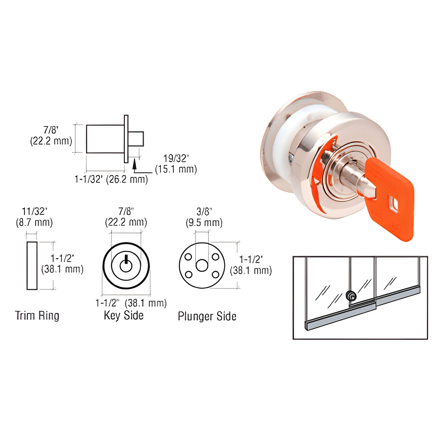 Polished nickel CRL sliding glass door plunger lock (SKU KML41GL) with orange key, fits up to 1/2" glass, 1-1/4" hole.
