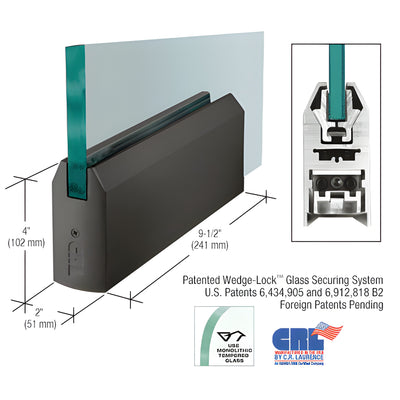 4 in Black Bronze Anodized DRS Door Rail 9.5 in No-Lock for 1/2 in Glass