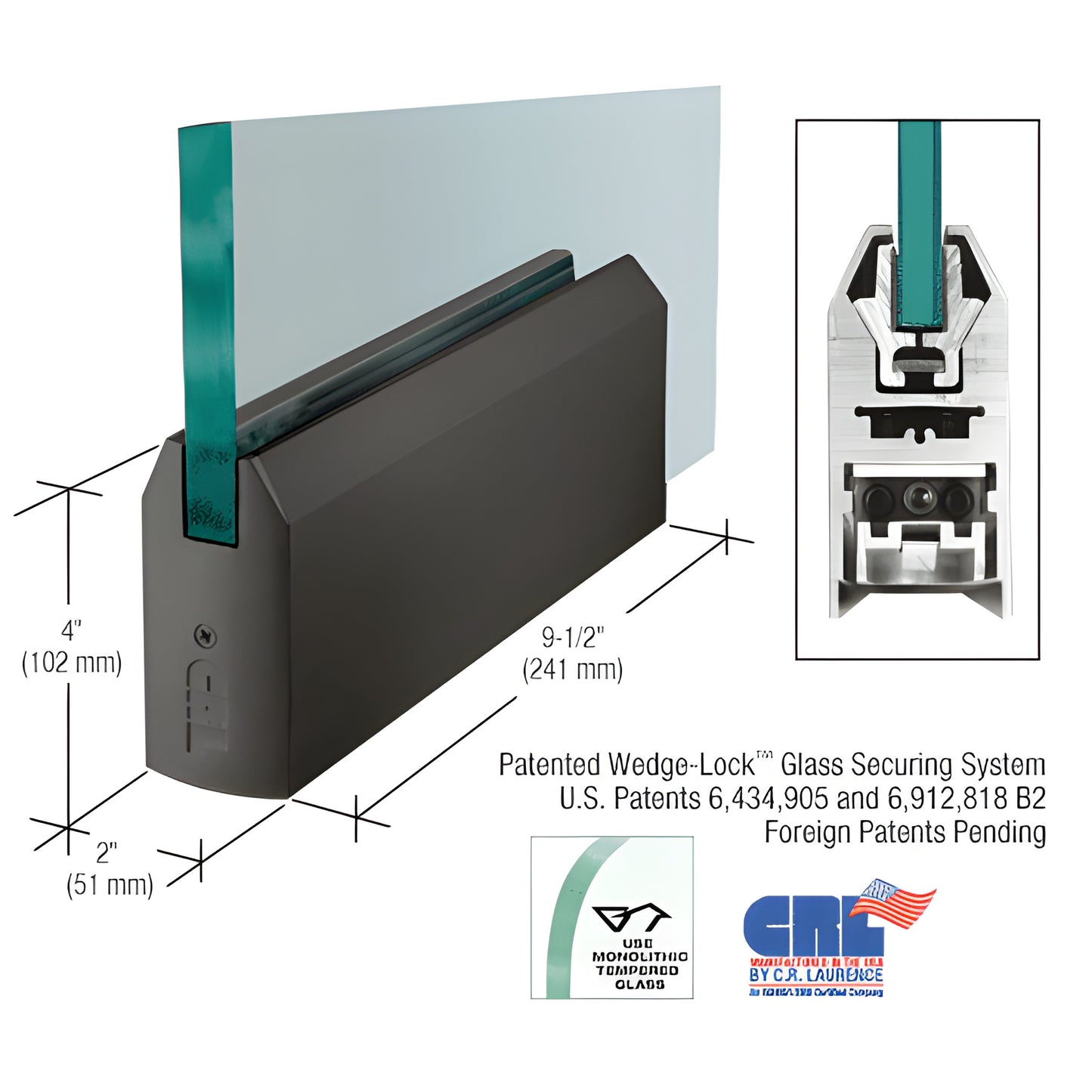 Black-bronze anodized 9-1/2" aluminum tapered door rail patch for 3/8" glass with patented Wedge-Lock system (SKU DR4TDU38P)