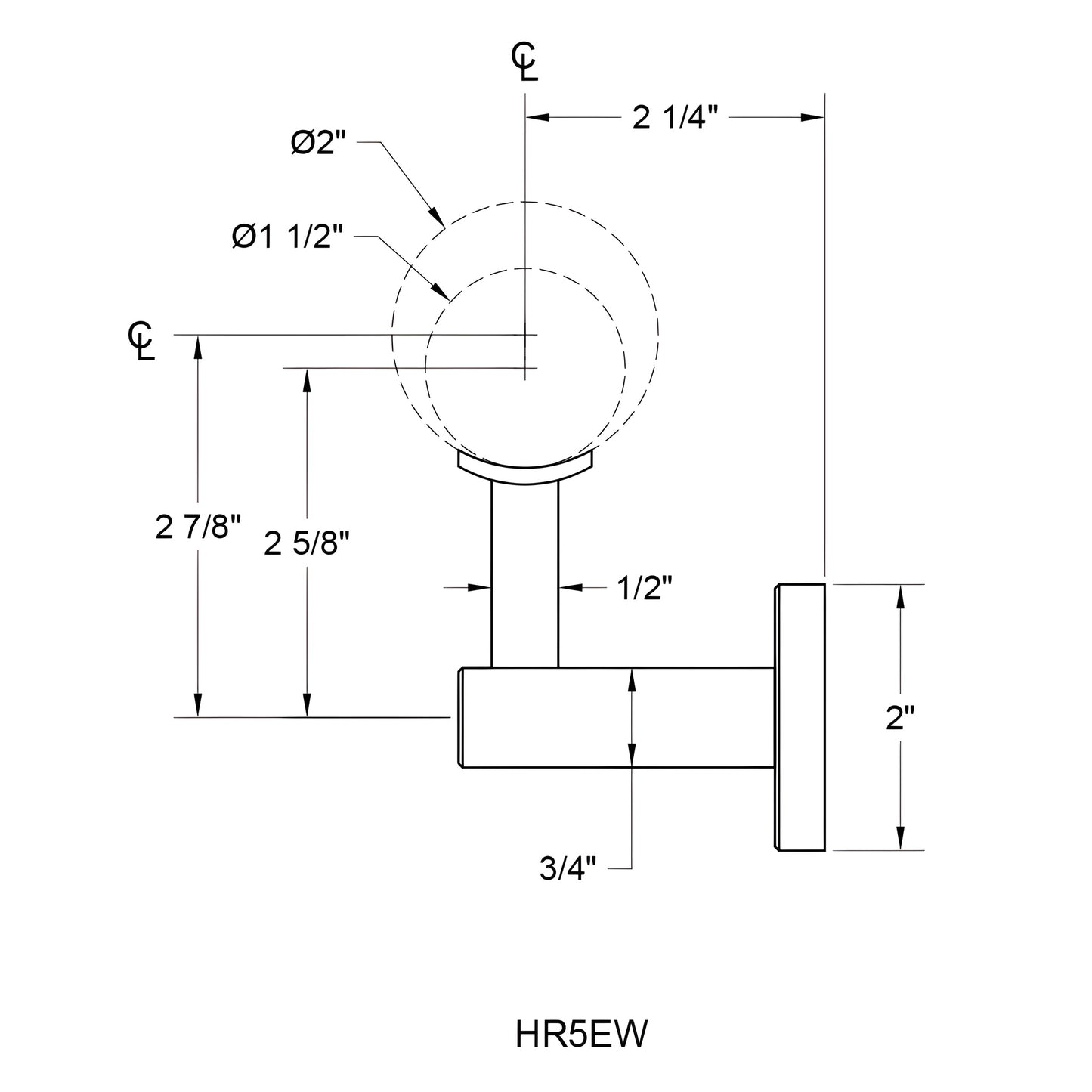 HR5EWBS brushed stainless steel wall-mounted handrail bracket, square modern design, fits 1.5-2 in (38-50.8 mm) round rail