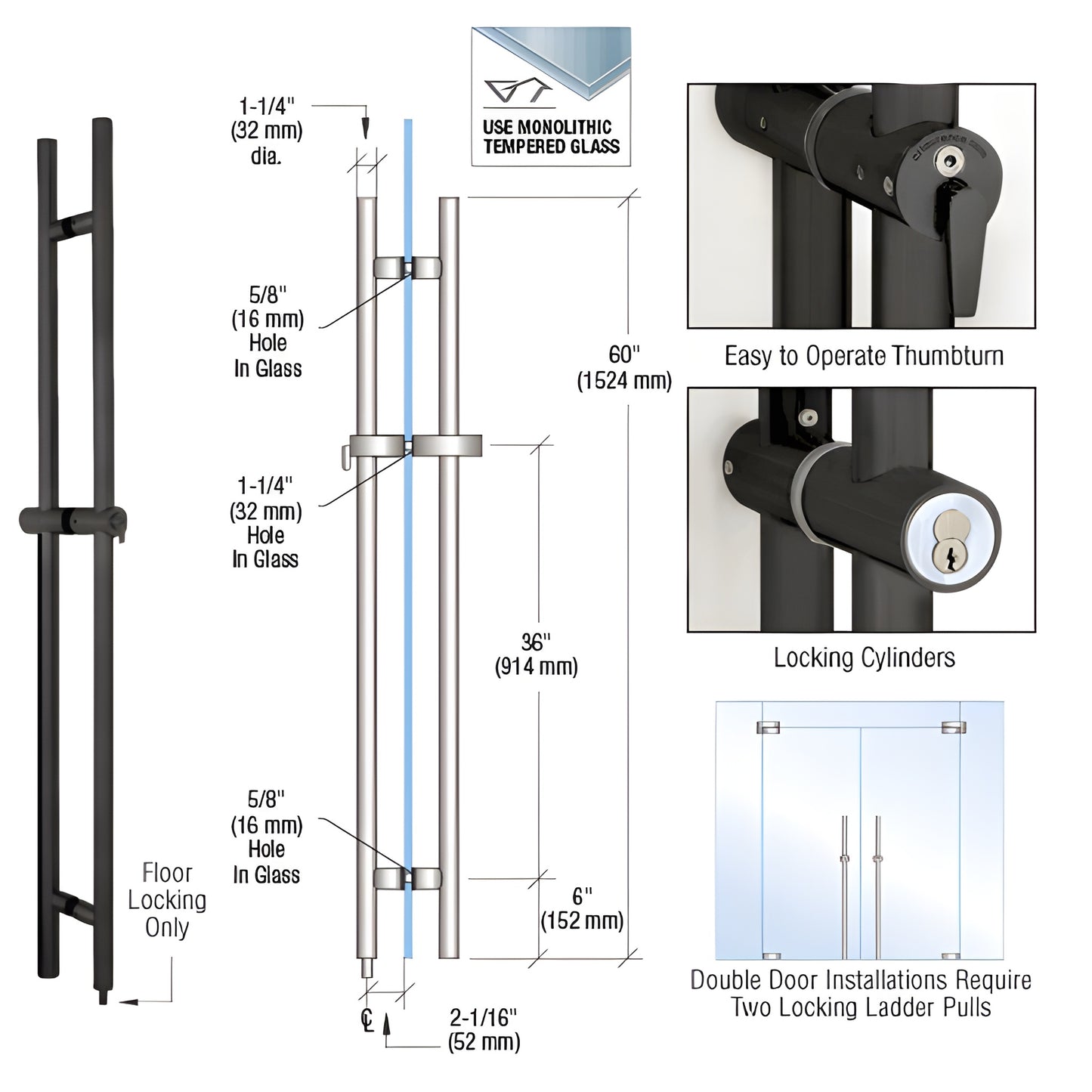 Matte black 60 in locking ladder pull for 1/2-3/4 in tempered glass doors with ADA thumbturn. SKU LLPA60MBL
