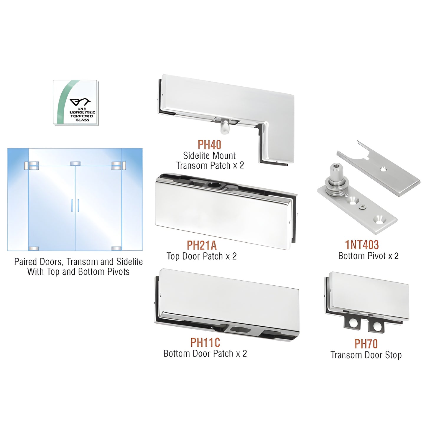PHE8A European frameless double-door hardware kit, satin anodized patches, pivots and transom for 3/8" or 1/2" tempered glass