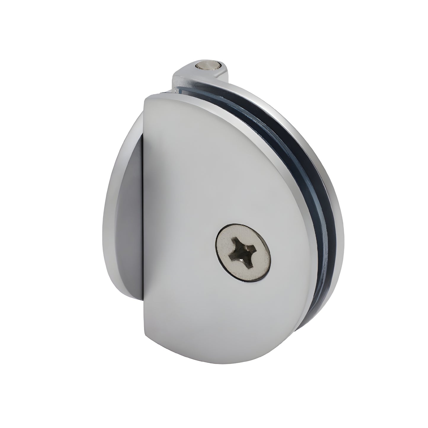 EH185 half-round satin chrome glass hinge for 1/4-5/16" (6-8mm) glass, wall-mount, 24" max door width.