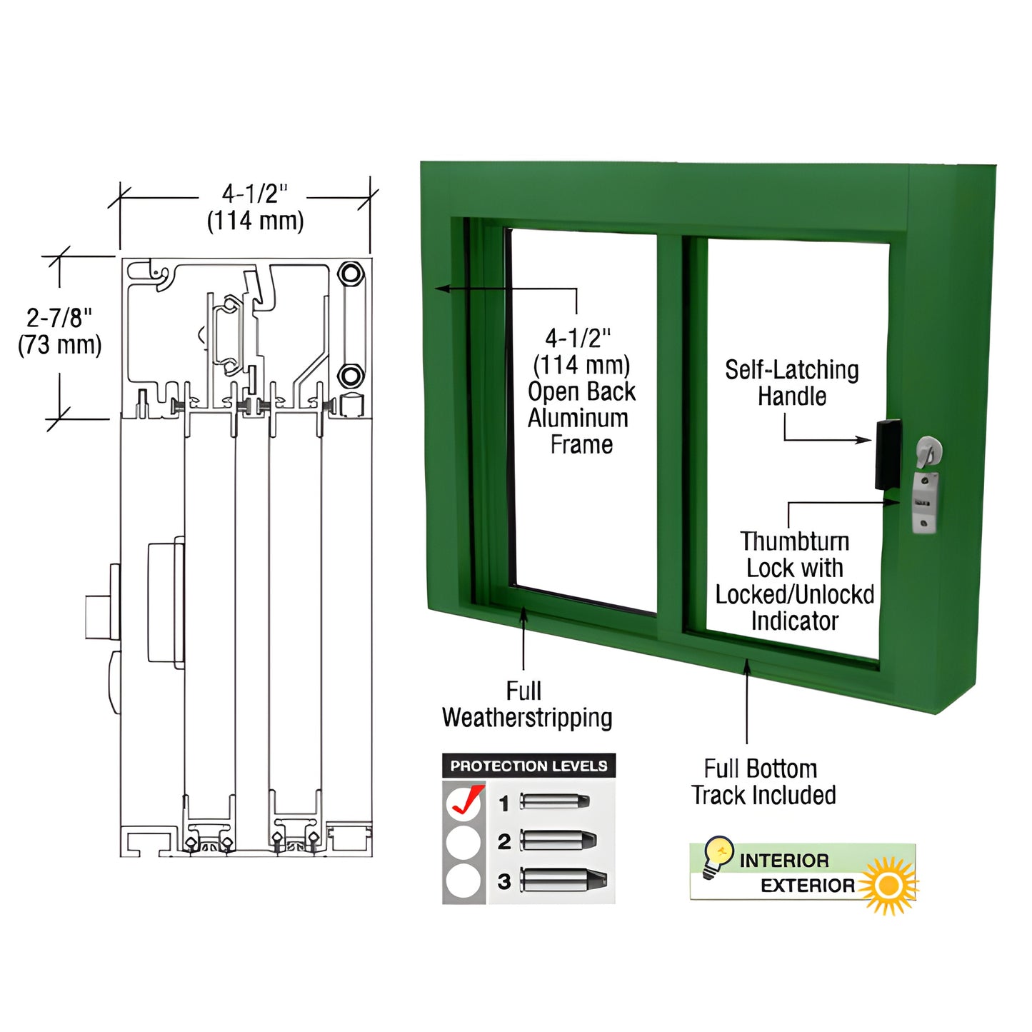Green aluminum bullet-resistant sliding service window SBRWEXK1, 3/4" polycarbonate glazing, weatherized, Level 1 protection.