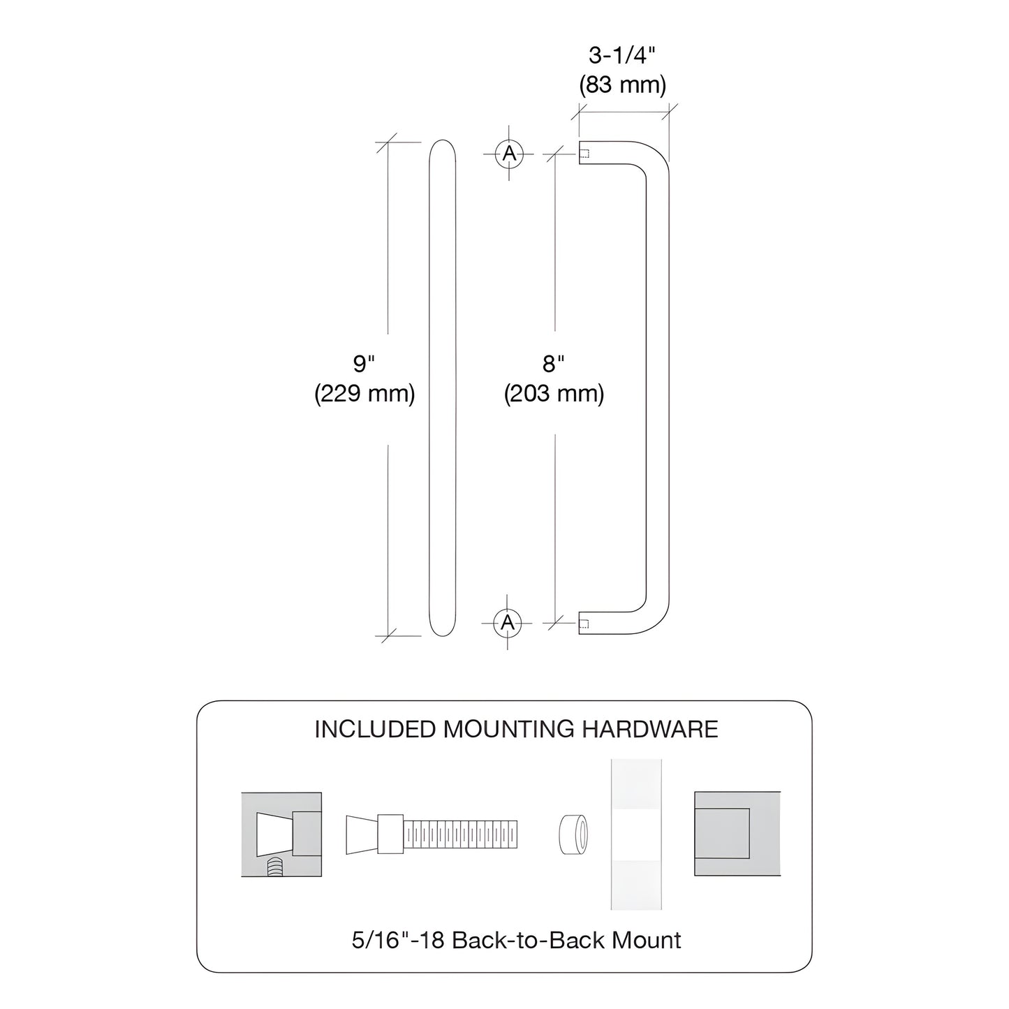M2165832D - 1" diameter brushed stainless straight pull door handle, forged aluminum, 8" center-to-center, back-to-back