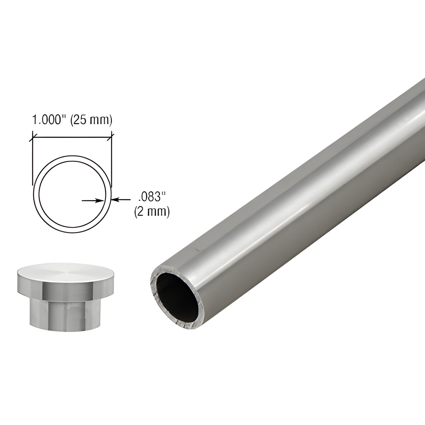 CRL LS240BS brushed stainless steel top sliding tube, 240" long, 1-1/4" (32mm) diameter, with end cap shown.