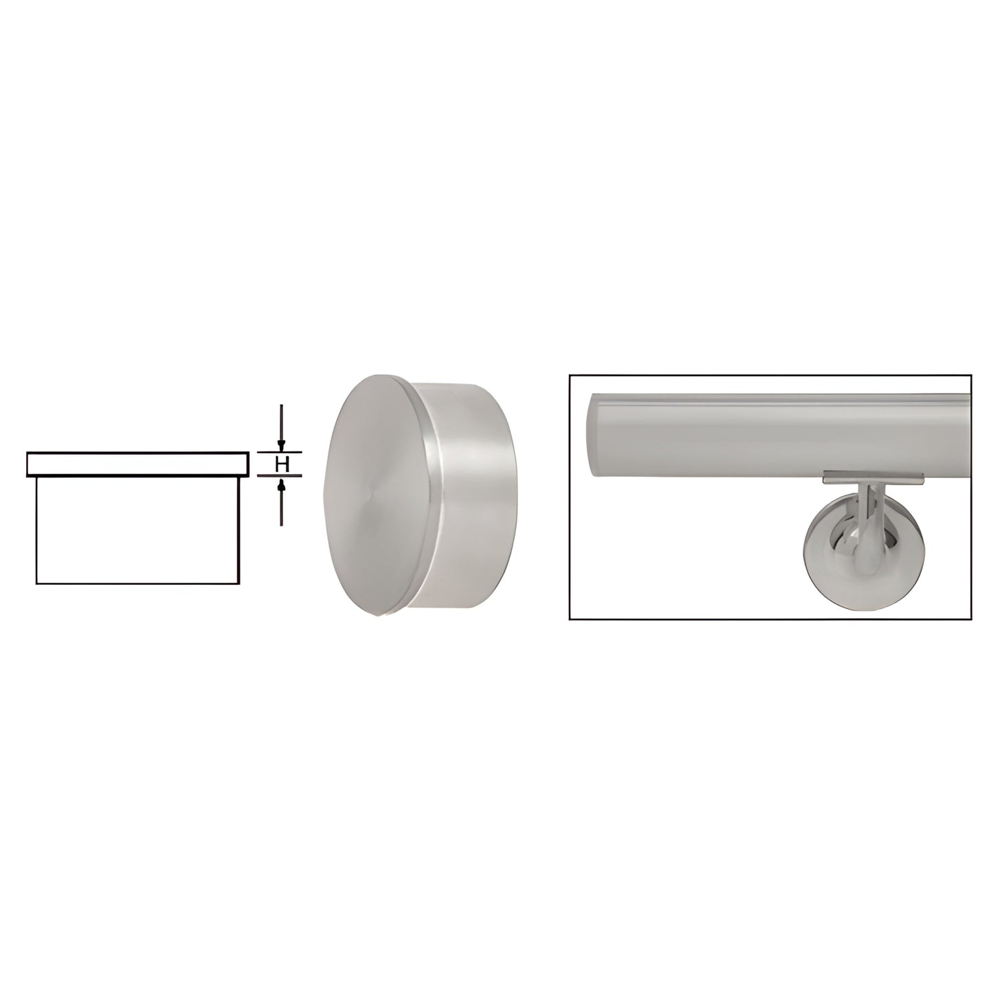 HR15FBS brushed stainless steel 1-1/2 in. round tubing end cap, 1/8 in. thick - side and installed views