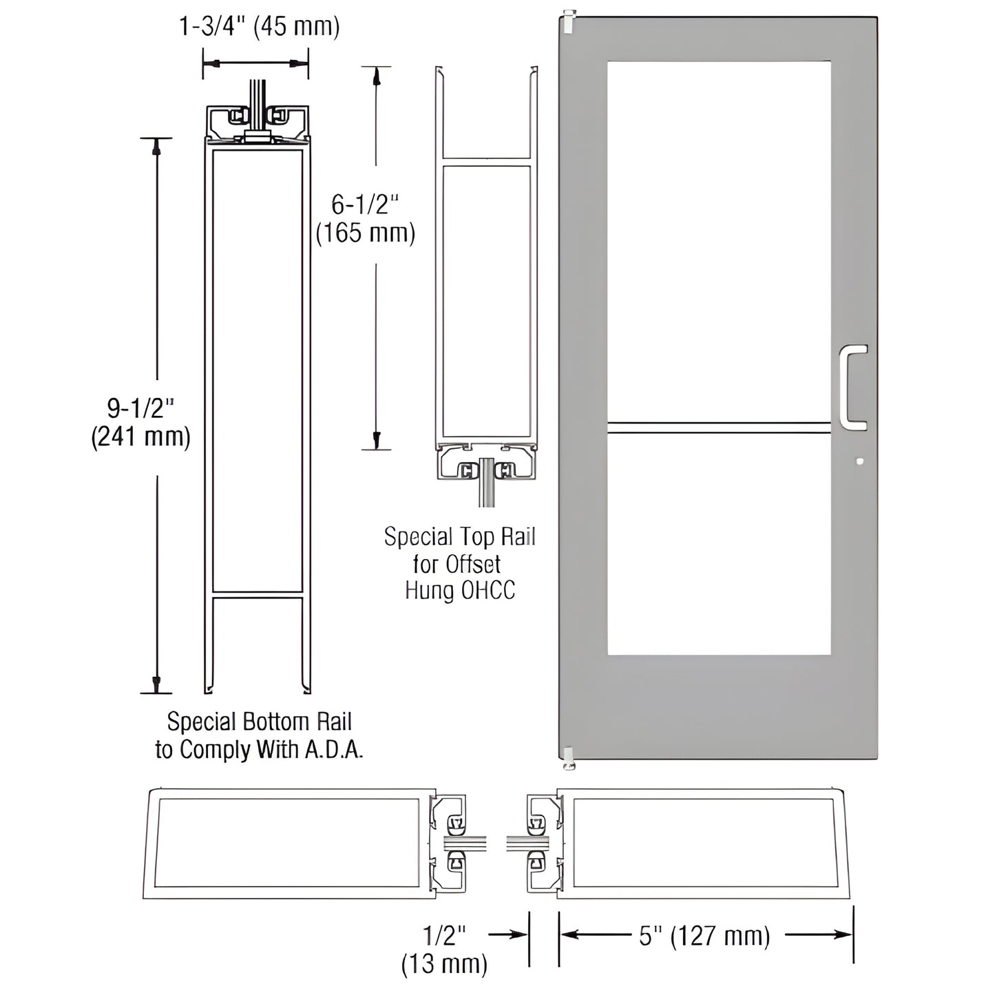 Clear anodized commercial wide-stile storefront entrance door, 5 in stiles, 9-1/2 in ADA bottom rail, fits 1/4 in tempered gl
