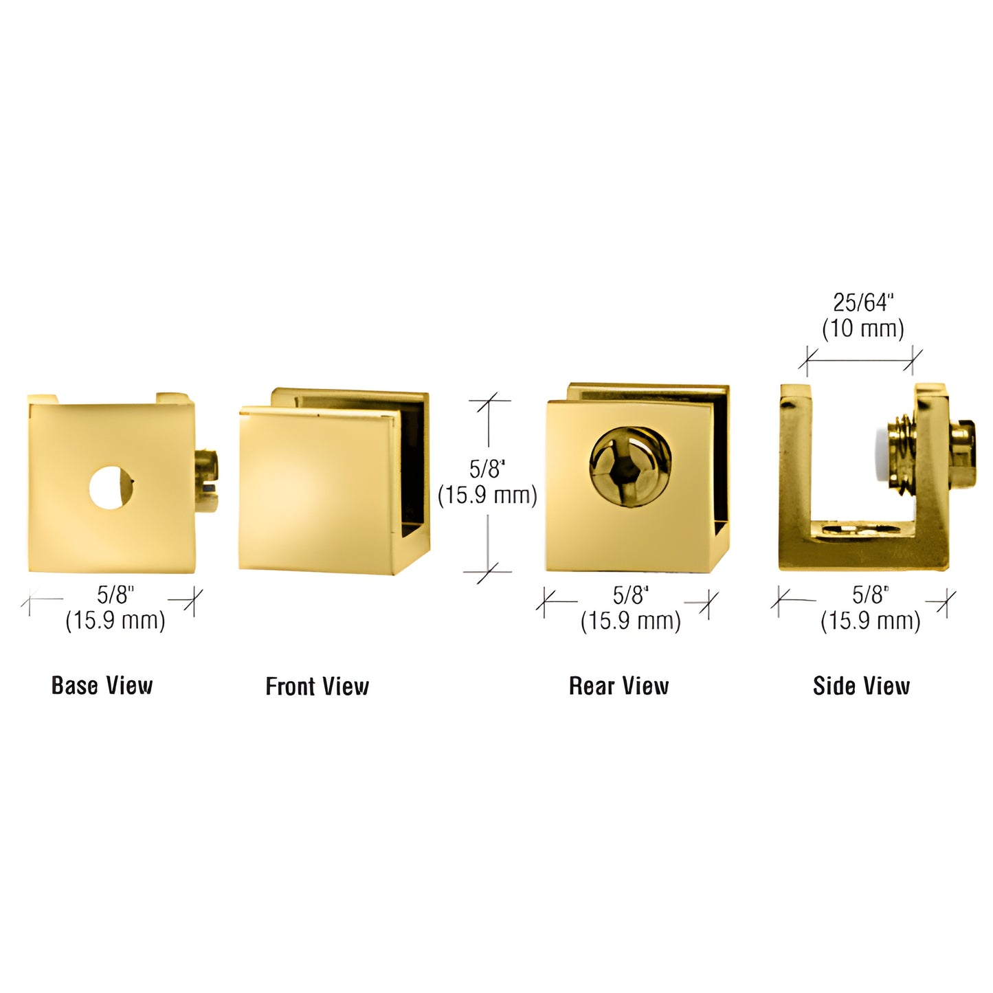 EH28 polished brass set-screw glass clamp, 5/8 in square, fits 1/4-5/16 in glass, no-drill install, pack of 10