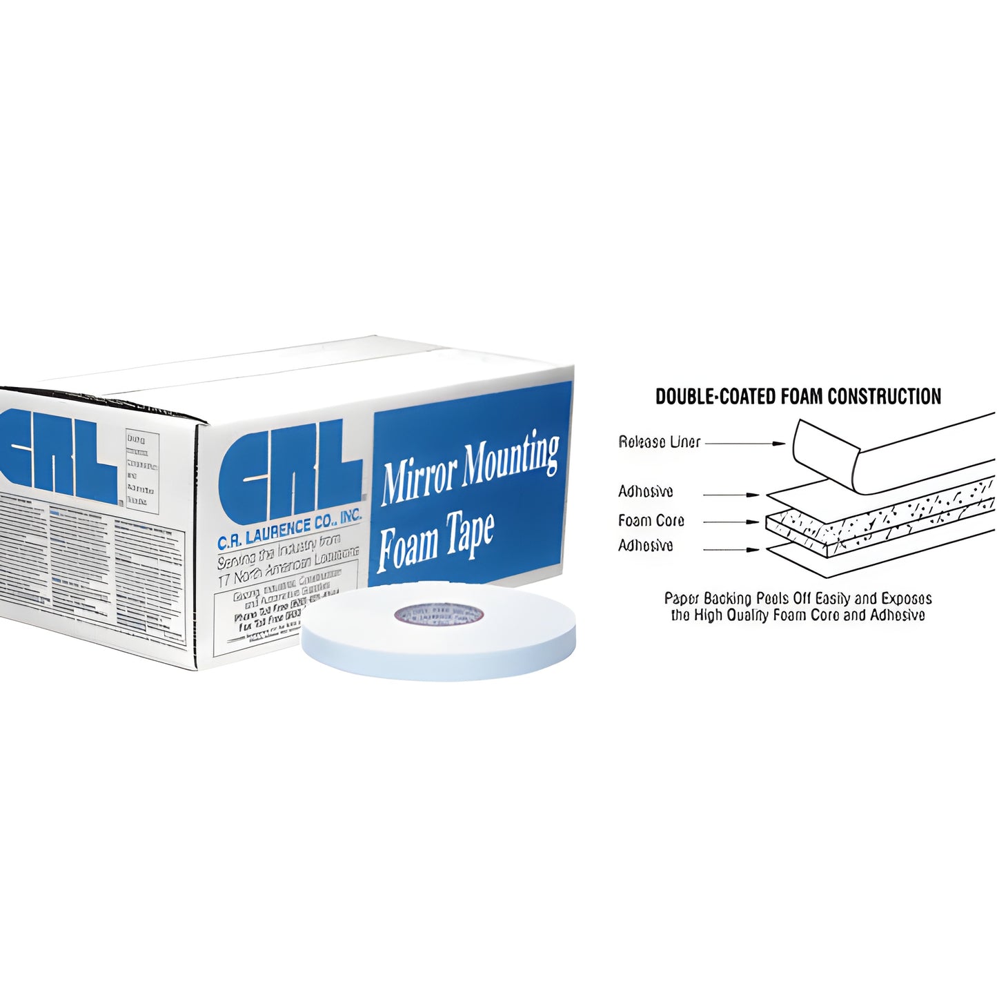 CRL mirror mounting foam tape roll and box (white), double-coated foam tape with layered diagram - SKU CRL211612