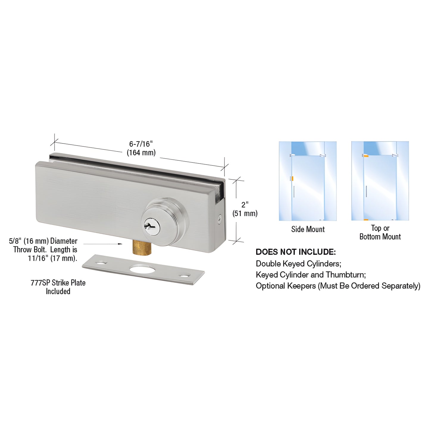 Brushed stainless glass patch lock AMR205BS, 6-7/16 2 in, fits 3/8-1/2" glass, includes strike plate