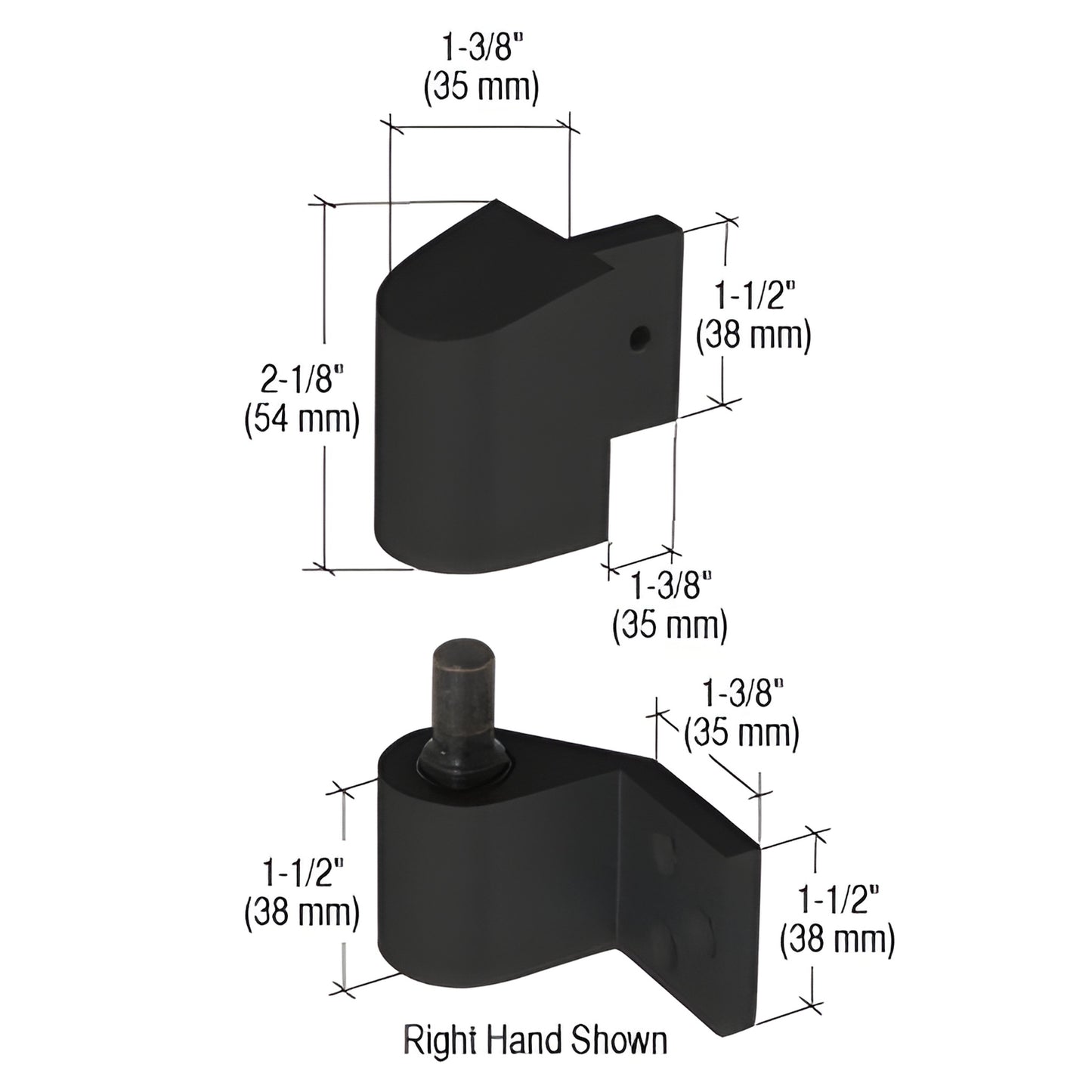 Black right-hand intermediate pivot hinge for U.S. aluminum doors (SKU DH02233R), dimensions labeled.