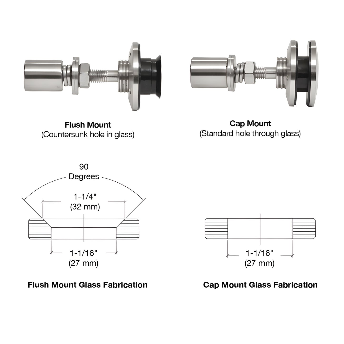 RSF10BS swivel glass attachment, 316 stainless swivel/cap fitting for 3/8-9/16" tempered glass, polished finish