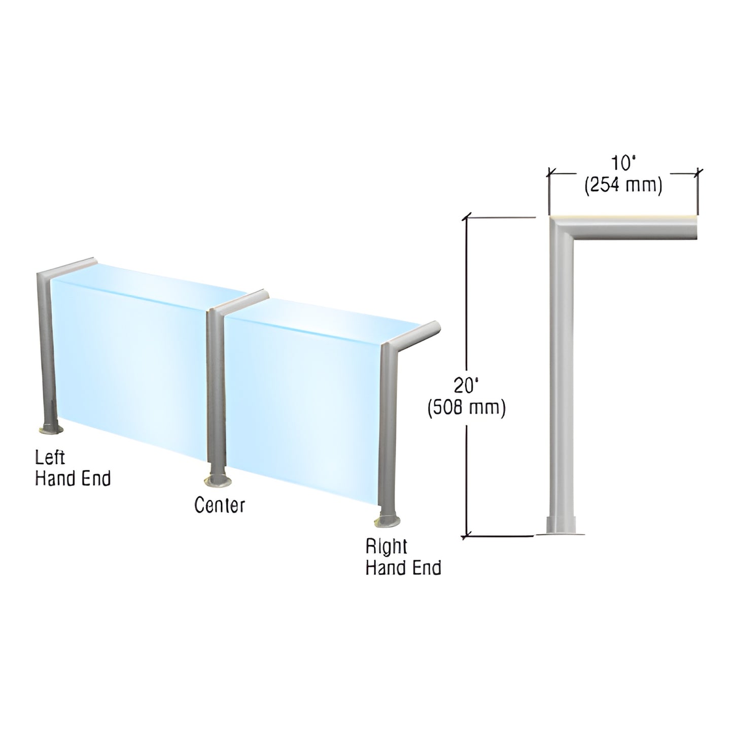 SG925BS stainless steel 20 in. open-front glass sneeze guard with 2 in. tubing and 10 in. shelf support