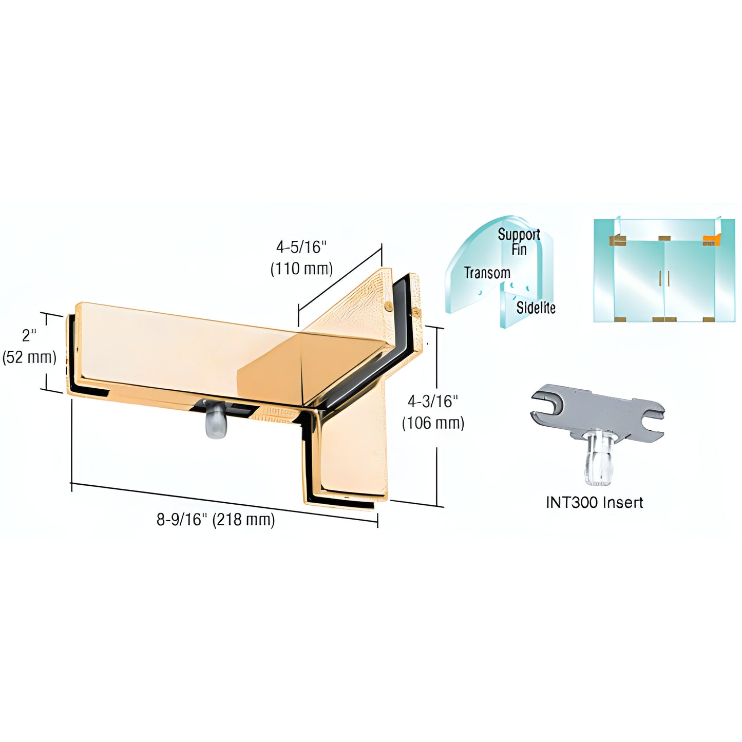Polished brass left-hand sidelite transom patch with support fin bracket and INT300 insert (SKU PH41LBR)