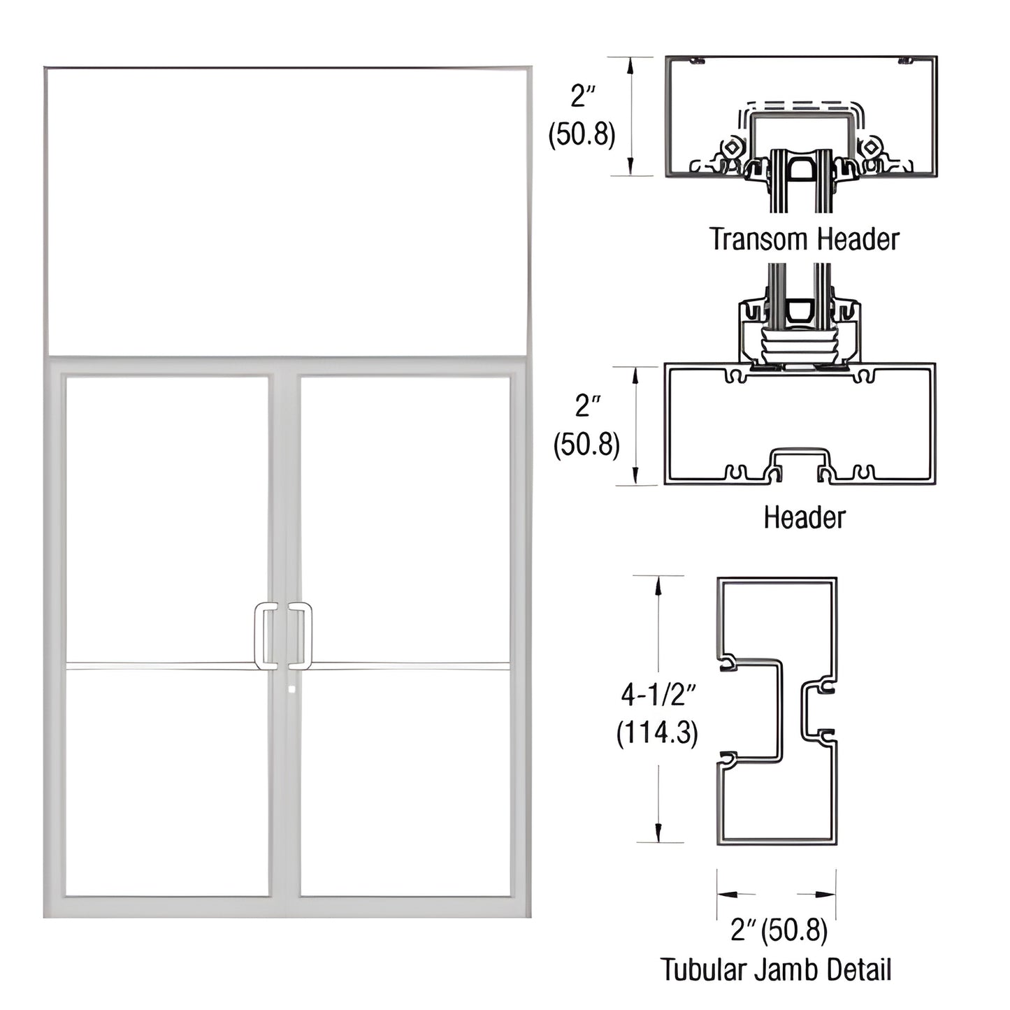 Clear anodized aluminum transom frame for 72x84 double butt-hinge door with tubular jamb and profile diagrams.
