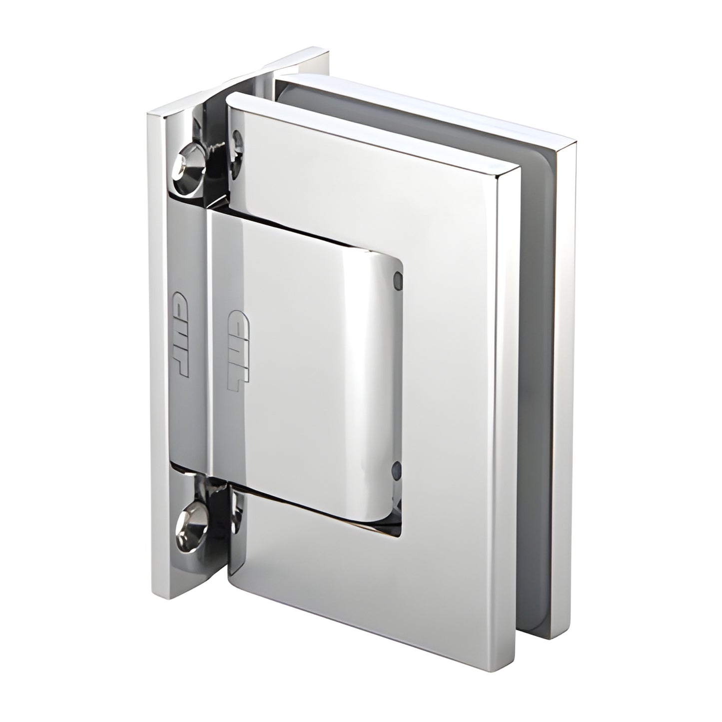 H8010CH polished chrome full-back wall hinge for 5/16-9/16" glass doors, oil-damped self-closing with 90 hold-open.